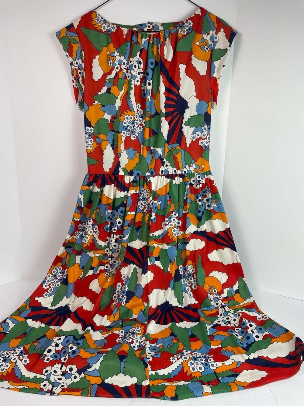 Vintage 70s Psychedelic Floral Cloud Sunburst Print Fit & Flare Dress